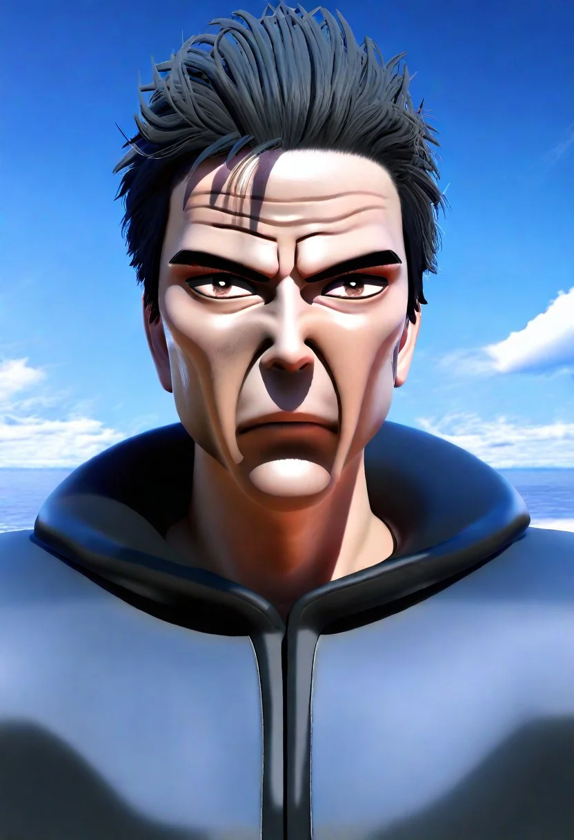 sfw, masterpiece, best quality,absurderes, <lora:HyperIllustrious:1>, 3d,octane render,1boy,solo,cropped,portrait,hyper eyes,frown,brown eyes,outdoors,beach,clouds,sky