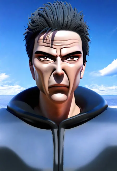 sfw, masterpiece, best quality,absurderes, <lora:HyperIllustrious:1>, 3d,octane render,1boy,solo,cropped,portrait,hyper eyes,frown,brown eyes,outdoors,beach,clouds,sky