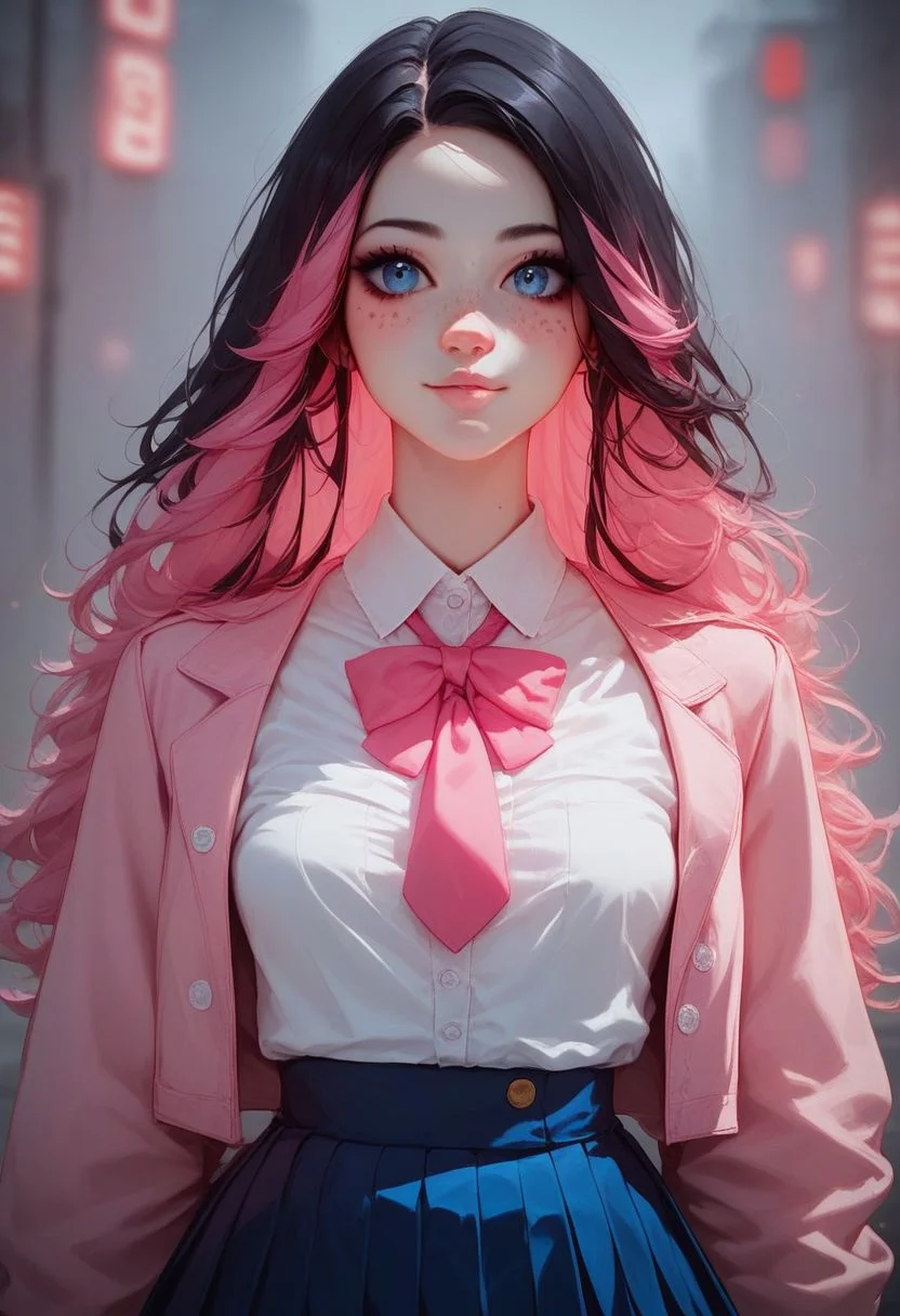 score_9, score_8_up, score_7_up, score_6_up, 1girl, japanese idol, sexy 18 year old, cute face, studio photo, long hair, straight hair, blue eyes, ligth pink hair, black hair highlights, body freckles, blouse with buttons, pink tie, pink pleated skirt, cropped pink jacket, small chest, small breasts, wide hips, cinematic lighting, neon, thick white character outline, realistic,
