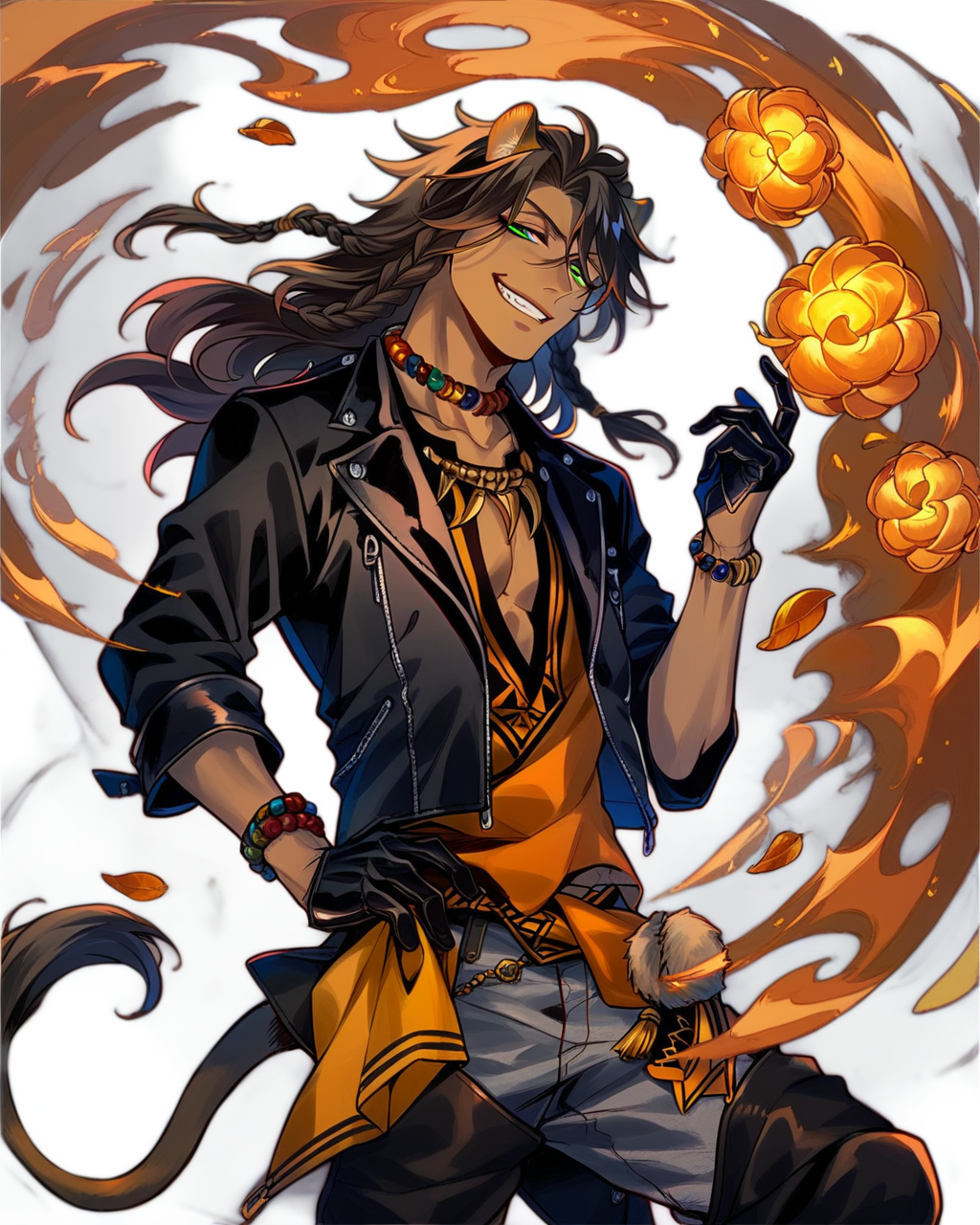 <lora:Leona KingscholarPDXL_v1:1>1boy, Leona KingscholarPDXL, male focus, solo, gloves, tail, leather jacket,black gloves, braid, jewelry, smile, hand on hip, pants, looking at viewer, tattoo, bracelet, necklace, score_9, score_8_up, score_7_up,
