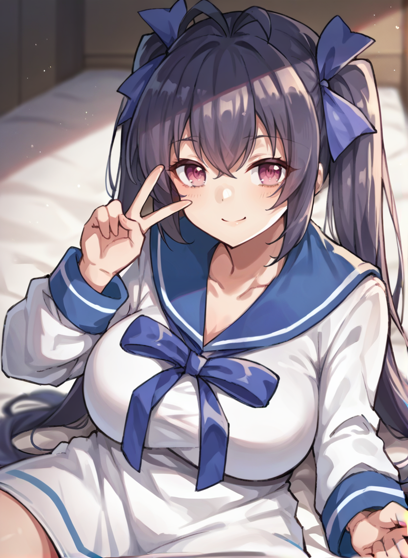 score_9, score_7_up, score_6_up, source_anime, 1girl, solo, hakobenaru, pink eyes, large breasts, sailor dress, blue sailor collar, long sleeves, hair ribbon, ribbon, from front position, portrait, light smile, v, <lora:naru_SDXL-09:1>