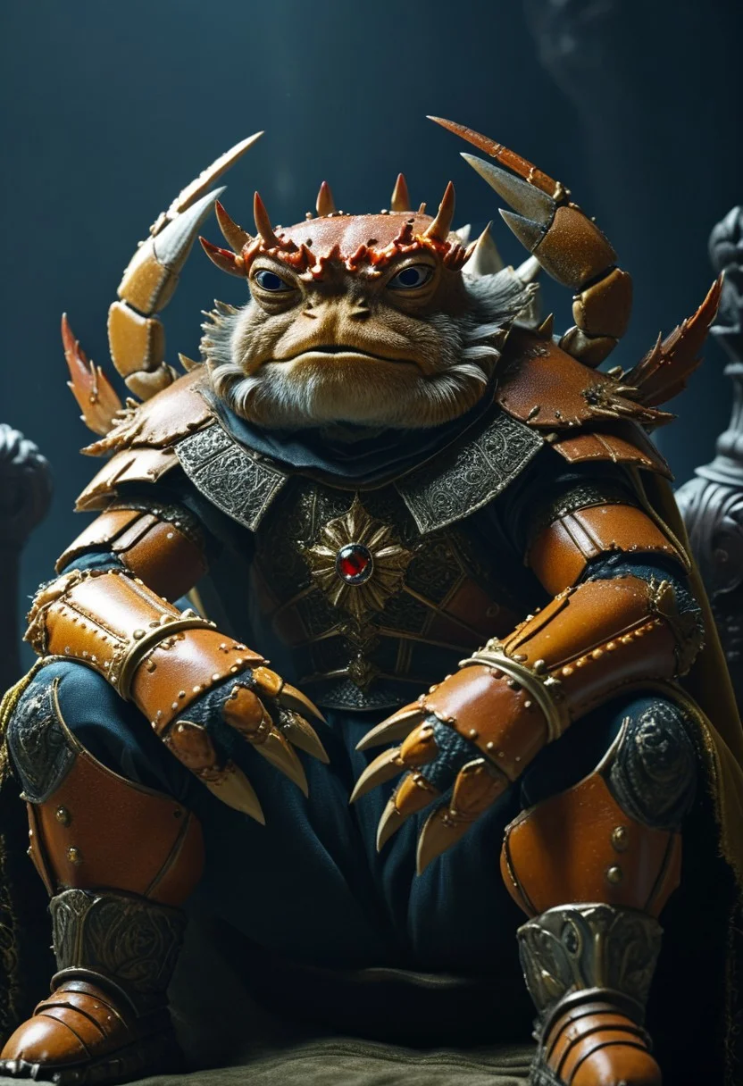 A crab king with a crown on his head sits on a throne <lora:detailed_notrigger:1>
(8k uhd:1,4)
<lora:add-detail-xl:1>
(((full clothed)))