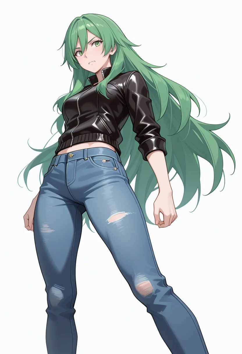 Smooth Quality,masterpiece,very intricate, high quality details, ultra realistic, high detailed skin,detailed enviorement,absurdres,
simple background, white background, 
from below,standing pose, arms akimbo, feet slightly apart, determined expression, balanced posture,  ,wavy mouth,
cheongsam top,  ,biker jacket,  ,rolled-up jeans,  ,
 <lora:Misery_cnn:0.8> 1girl, green hair, green eyes, hair between eyes, frown, very long hair, sidelocks,