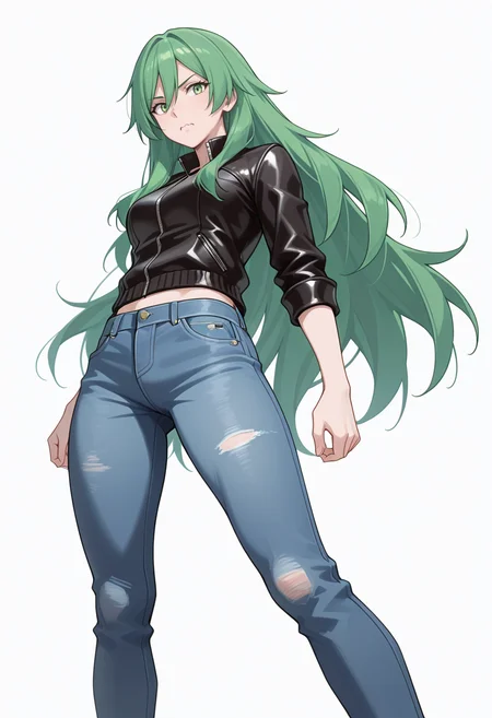 Smooth Quality,masterpiece,very intricate, high quality details, ultra realistic, high detailed skin,detailed enviorement,absurdres,
simple background, white background, 
from below,standing pose, arms akimbo, feet slightly apart, determined expression, balanced posture,  ,wavy mouth,
cheongsam top,  ,biker jacket,  ,rolled-up jeans,  ,
 <lora:Misery_cnn:0.8> 1girl, green hair, green eyes, hair between eyes, frown, very long hair, sidelocks,