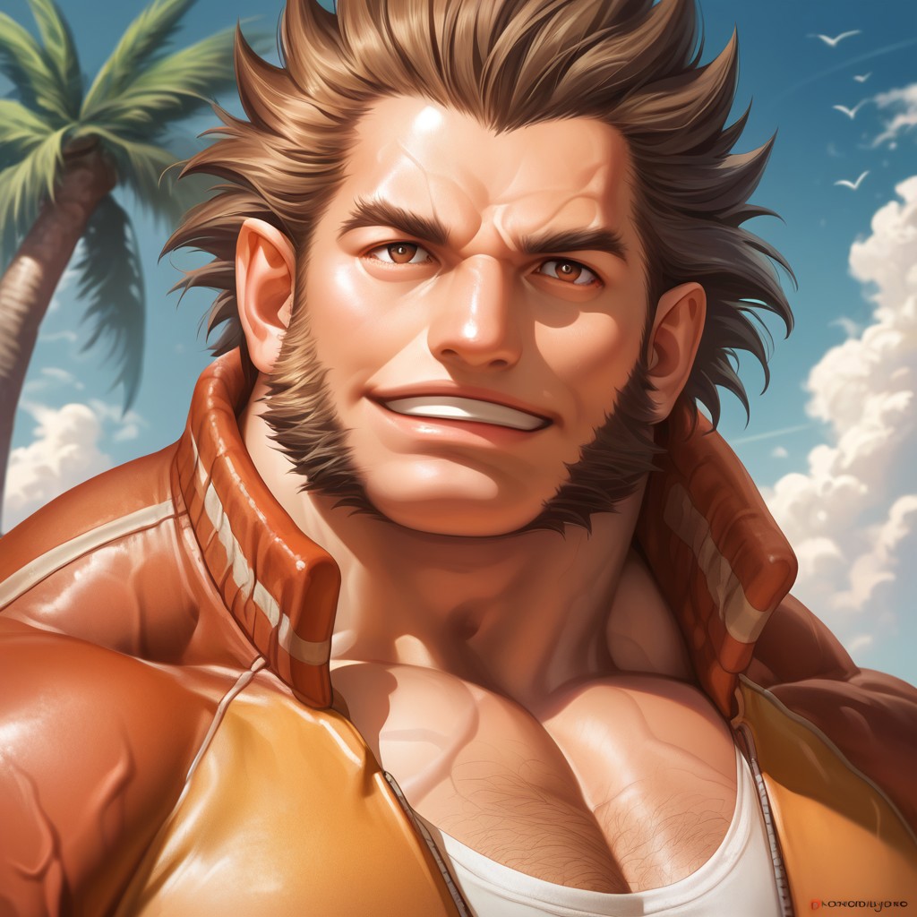 source_anime, detailed background, (score_9, score_8_up, score_7_up), zoroj, masterpiece, best quality, high quality, ultra detailed, highly detailed, high detail, artistic lighting, (highly detailed face, (perfect face, perfect eyes)), depth of field, perfect soft lighting, best shadows, perfect reflections, volumetric, detailed image, high resolution, defined faces, sharp definition,
solo, 1boy, male focus, Will Powers, brown eyes, brown hair, spiked hair, long sideburns, jacket, musclebears, muscular male, bara, veiny muscles, large male,
beach, palm trees, dynamic poses, various poses, standing, looking at viewer, smile, ((((face shot)))),