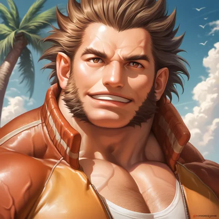 source_anime, detailed background, (score_9, score_8_up, score_7_up), zoroj, masterpiece, best quality, high quality, ultra detailed, highly detailed, high detail, artistic lighting, (highly detailed face, (perfect face, perfect eyes)), depth of field, perfect soft lighting, best shadows, perfect reflections, volumetric, detailed image, high resolution, defined faces, sharp definition,
solo, 1boy, male focus, Will Powers, brown eyes, brown hair, spiked hair, long sideburns, jacket, musclebears, muscular male, bara, veiny muscles, large male,
beach, palm trees, dynamic poses, various poses, standing, looking at viewer, smile, ((((face shot)))),