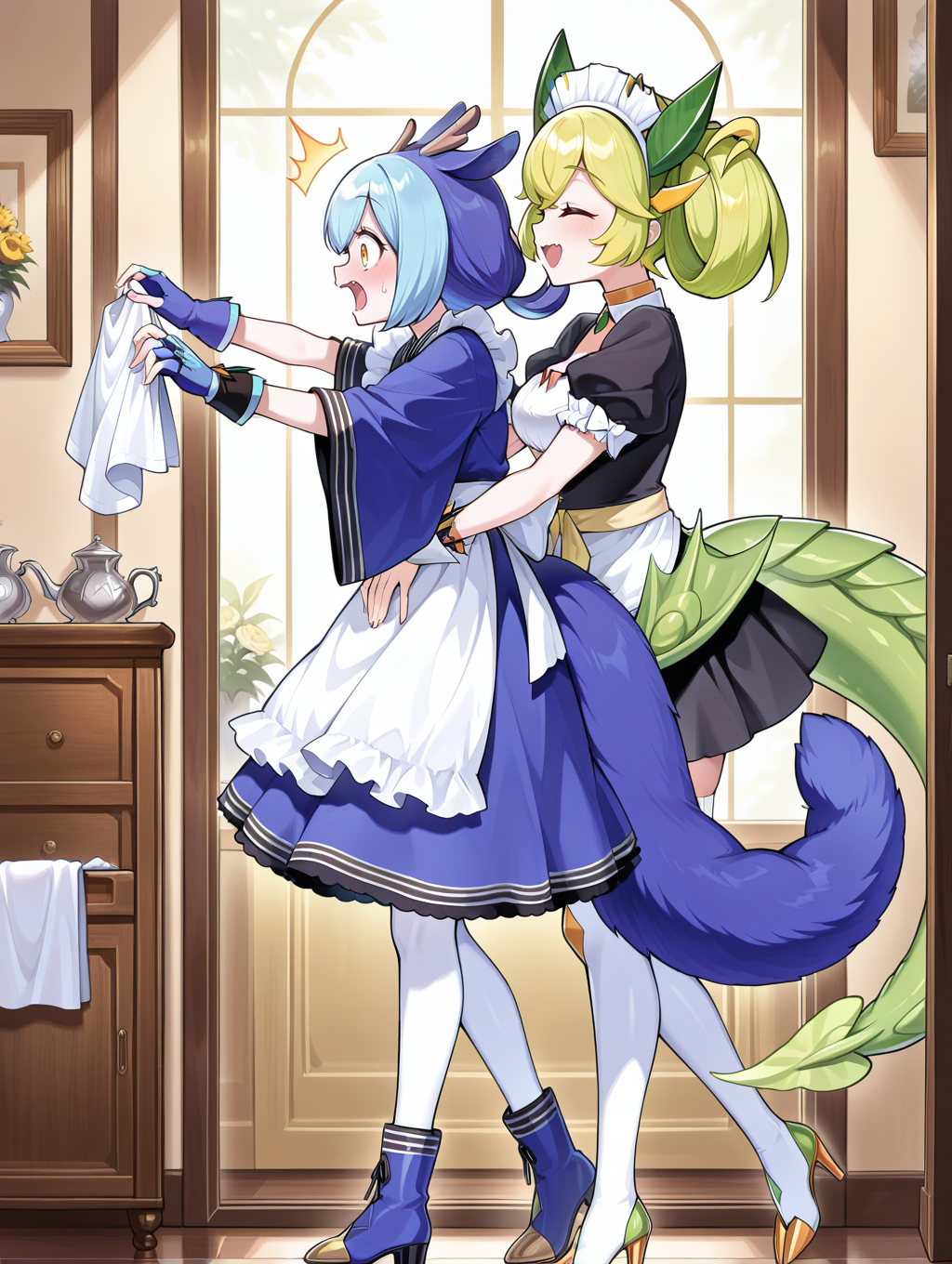 2girls,hug from behind,parlor dragonmaid,closed eyes,white detached collar,white maid headdress,black maid costume,white thighhighs,white wrist cuffs,green claw high heels,laundry dragonmaid,surprised,from side,blue maid outfit,blue fingerless gloves,blue knee boots,holding clothes,open mouth,indoors,
masterpiece,best quality,amazing quality,very aesthetic,absurdres,newest,<lora:parlor dragonmaid illuXL v1.1:0.74>,