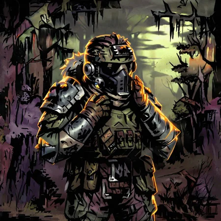 high-definition 8k comics artwork in dgst art style of an special forces soldier wearing tactical armor standing in a thick forest with fog, full body.