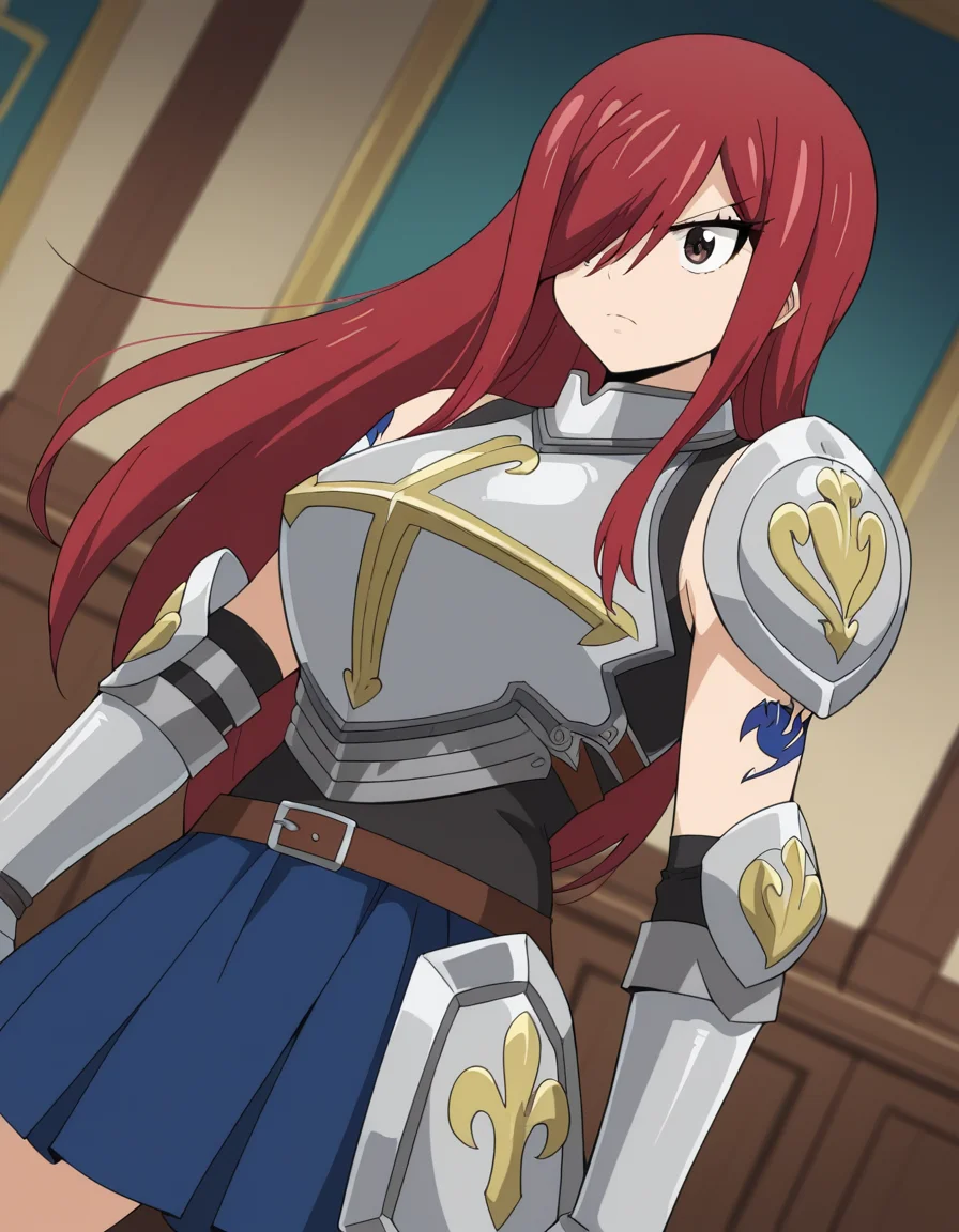 score_9, score_8_up, score_7_up, source_anime, <lora:erza-scarlet-100yq-ponyxl-lora-nochekaiser:1>, erza scarlet, long hair, red hair, hair between eyes, brown eyes, large breasts,, armor, hair over one eye, tattoo, shoulder armor, skirt, breastplate, gauntlets, blue skirt,, living room, video game, controller, competitive, fun, afternoon, , , from side, solo,, dutch angle,