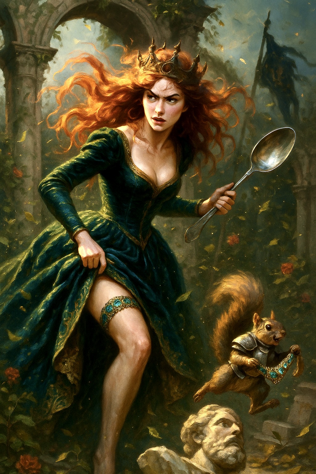 A gusty dusk sweeps through the overgrown courtyard as the wild-mane, flame-haired Forest Queen bursts from crumbling stone arches—only to discover that a cheeky, armor-clad squirrel bandit has made off with her jewel-encrusted garter.  With one elegant hand she hoists the sweeping brocade train of her deep-emerald velvet gown (flashing just enough toned thigh to scandalise the roses), while the other brandishes a ridiculously oversized silver dessert spoon like a royal saber.  Her moss-wrought bronze crown tilts rakishly as she lunges after the pint-sized thief, crimson curls and filigree skirt swirling in a tornado of fluttering ivy leaves and golden pollen.  In the background, moth-eaten battle banners whip against ancient pillars; in the foreground, the squirrel hurtles across a toppled marble bust, triumphant squeak frozen in mid-air.  Dramatic rim-lighting carves every velvet fold and lock of hair, emerald and burnished-gold colour palette shimmers with high-gloss highlights, depth-of-field pulls sharp focus to her fierce smirk and the stolen garter glittering like forbidden treasure.  Hyper-real painterly style, cinematic chiaroscuro, 2:3 vertical aspect—equal parts Arthurian grandeur, Vogue cover glamour, and Monty Python absurdity, delivering a sexy, hilarious, utterly “did-that-just-happen?!” visual punch
