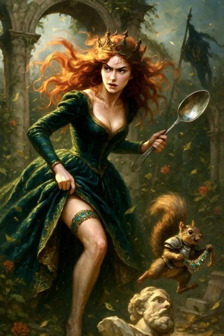 A gusty dusk sweeps through the overgrown courtyard as the wild-mane, flame-haired Forest Queen bursts from crumbling stone arches—only to discover that a cheeky, armor-clad squirrel bandit has made off with her jewel-encrusted garter. With one elegant hand she hoists the sweeping brocade train of her deep-emerald velvet gown (flashing just enough toned thigh to scandalise the roses), while the other brandishes a ridiculously oversized silver dessert spoon like a royal saber. Her moss-wrought bronze crown tilts rakishly as she lunges after the pint-sized thief, crimson curls and filigree skirt swirling in a tornado of fluttering ivy leaves and golden pollen. In the background, moth-eaten battle banners whip against ancient pillars; in the foreground, the squirrel hurtles across a toppled marble bust, triumphant squeak frozen in mid-air. Dramatic rim-lighting carves every velvet fold and lock of hair, emerald and burnished-gold colour palette shimmers with high-gloss highlights, depth-of-field pulls sharp focus to her fierce smirk and the stolen garter glittering like forbidden treasure. Hyper-real painterly style, cinematic chiaroscuro, 2:3 vertical aspect—equal parts Arthurian grandeur, Vogue cover glamour, and Monty Python absurdity, delivering a sexy, hilarious, utterly “did-that-just-happen?!” visual punch