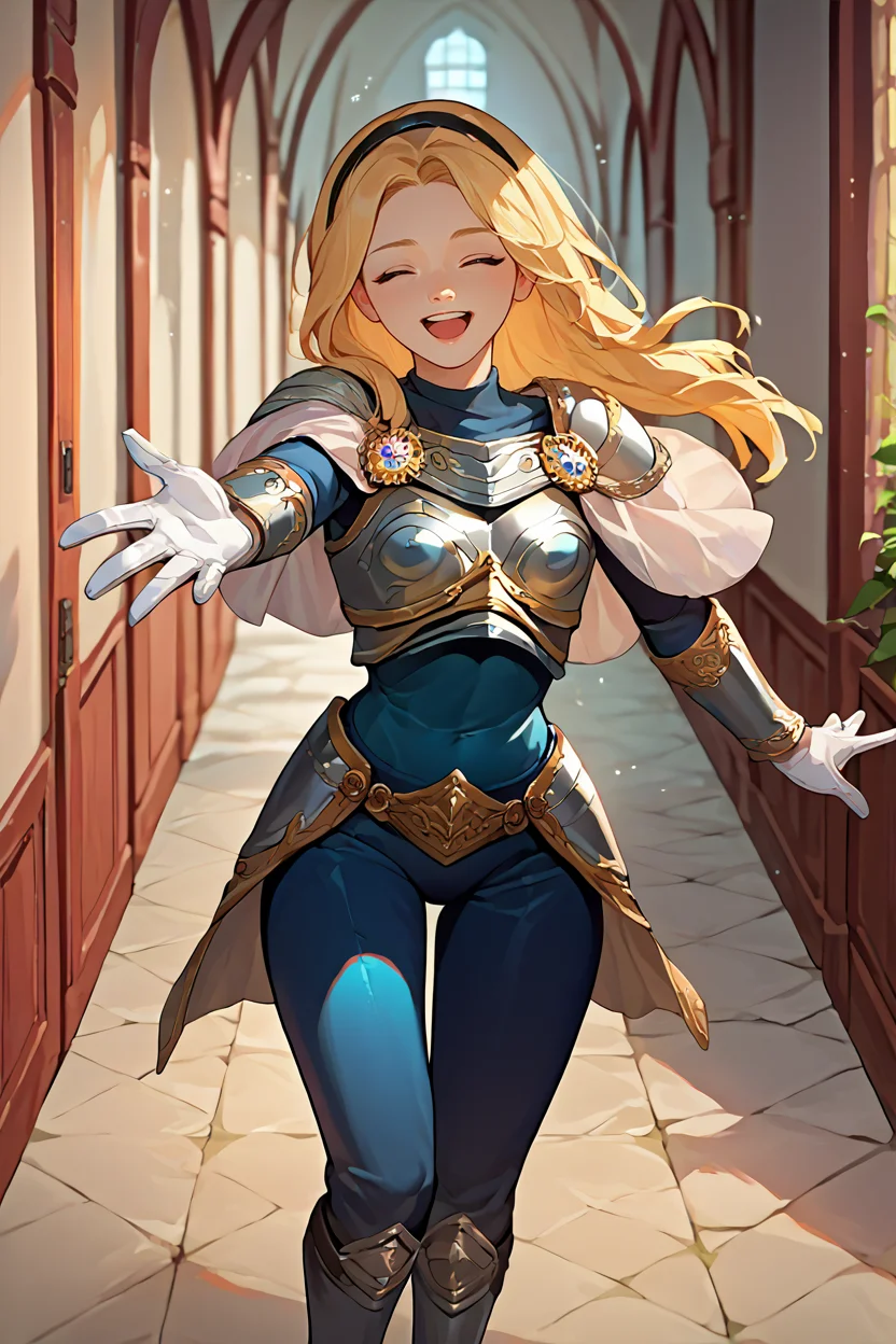 score_9, score_8_up, score_7_up, score_6_up, source_anime, 1girl, solo, <lora:lux-pdxl-nvwls-v1-000005:1> deflux, blonde hair, closed eyes, long hair, black hairband, armor, blue bodysuit, bracers, white gloves, happy, open mouth, excited, medieval, hallway, looking at you