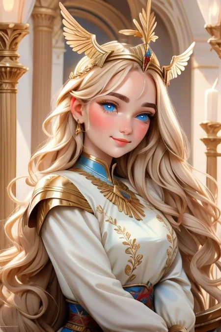 (valkyrie by Christophe Vacher and Mab Graves in the style of Vincent Di Fate ):1.331,winged helmet,feather,shoulder armor,complex,intricate, perfect lighting, 1girl, looking at viewer, smile, snulight,bight,glowing(masterpiece), blooming flowers,,  RAW Photograph, dslr, soft lighting, high quality, film grain, Fujifilm XT3, insane details, mKodachrome, Lomography, stained, highly detailed,   innocent, pale,  detailed skins,   pouting, blue eyes,  pink rouge,  hair between eyes, warm light, from below,perfect facial ratios, perfect facial features, full cheeks, blush on cheeks, all attention given to the face, emphasizes on the cute chubby cheeks, Soft and smooth skin texture, shiny skin, flawless complexion, shiny eyes, eyelashes, natural eyebrows, rosy lips, cute small nose, cute face shape, warm and inviting smile, natural lighting, gentle shadows, detailed hair strands, silky hair, hair on the sides framing the face, glossy highlights on the hair, rich and vibrant colors, vibrant and warm background, complementary colors to enhance the girl's features, captivating expression, engaging eyes, intricate details on eyelids and lashes, flawless complexion,realistic detailed skin, Life-like textures, minute details, every aspect of the face made clear and visible, picture fills the canvas, (shiny skin), ,  beautiful eyes, perfect eyes , (closed mouth:1.3),