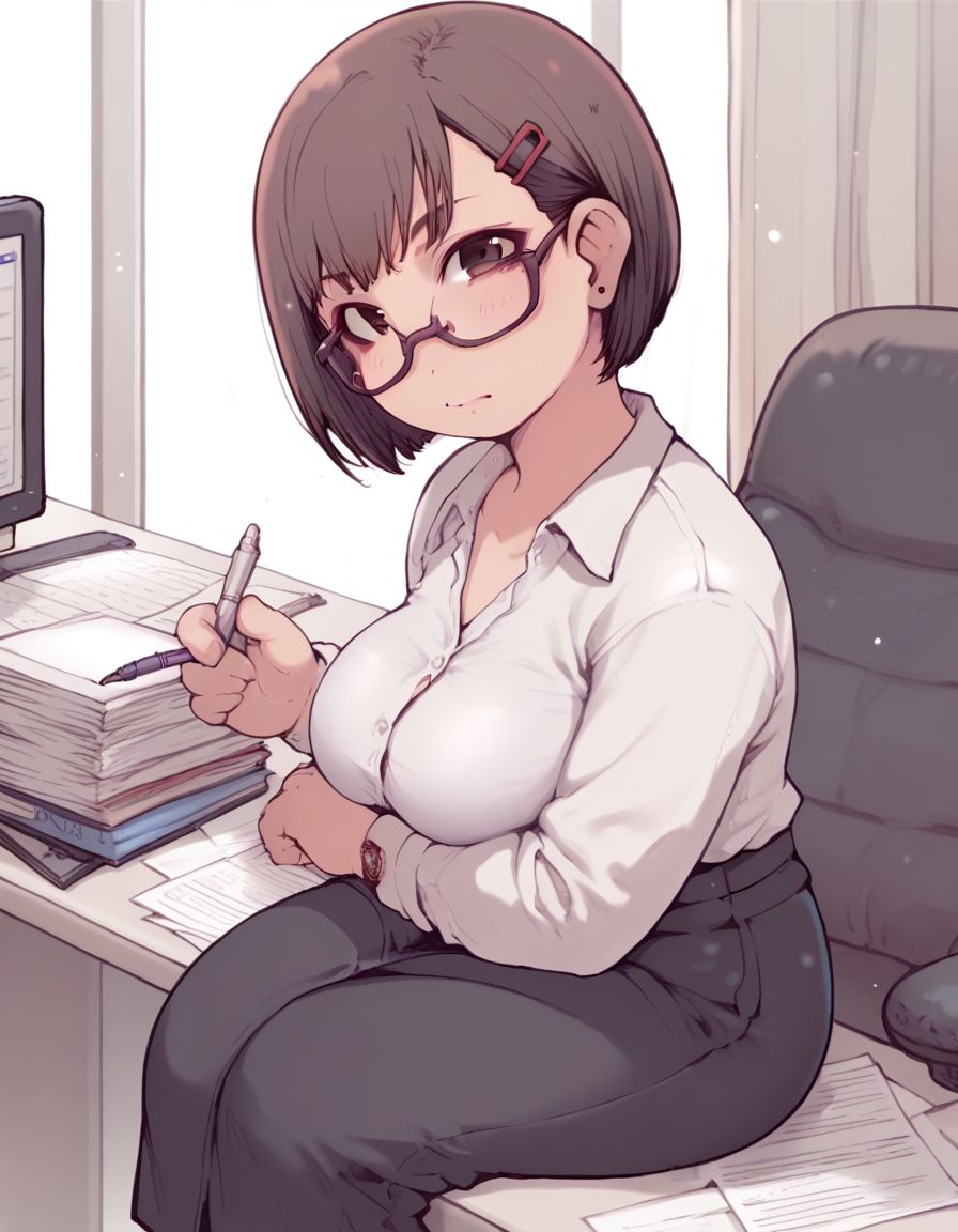 score_9,score_8_up,score_7_up, <lora:Ibukichi_Artist:1>,  solo, 1girl, sitting on a an office , office lady, looking at viewer, leaning forwarded , bob cut , glasses ,dark brown hair, hairclip,