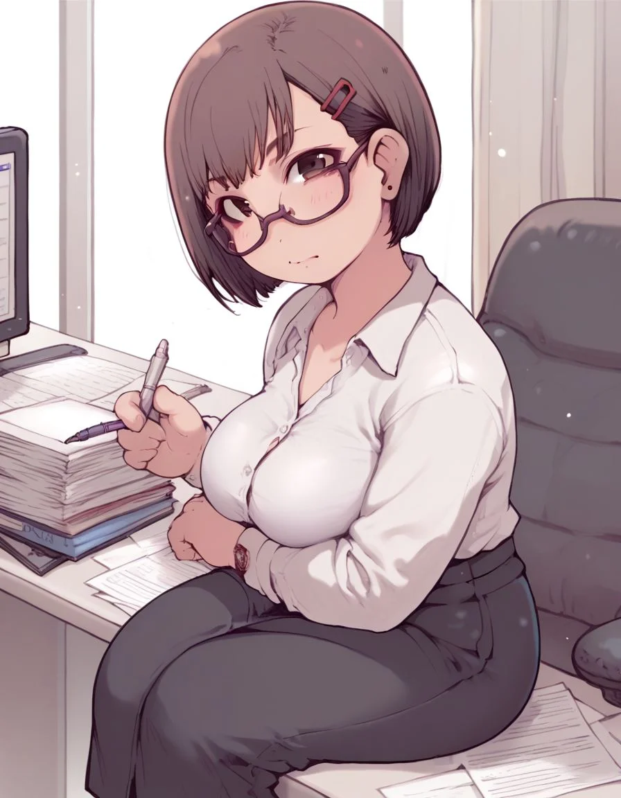 score_9,score_8_up,score_7_up, <lora:Ibukichi_Artist:1>,  solo, 1girl, sitting on a an office , office lady, looking at viewer, leaning forwarded , bob cut , glasses ,dark brown hair, hairclip,