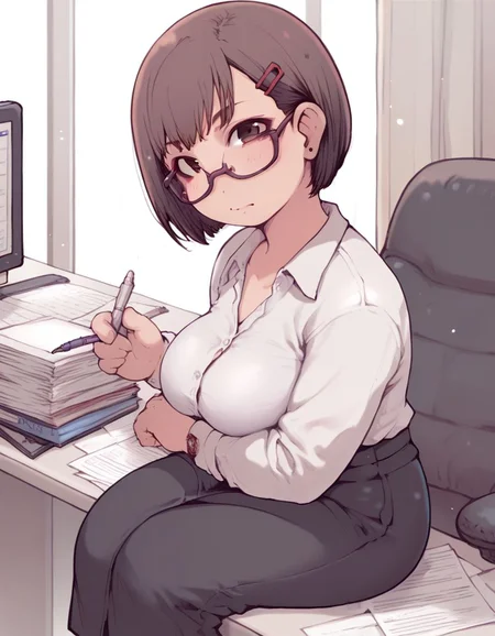 score_9,score_8_up,score_7_up, <lora:Ibukichi_Artist:1>, solo, 1girl, sitting on a an office , office lady, looking at viewer, leaning forwarded , bob cut , glasses ,dark brown hair, hairclip,