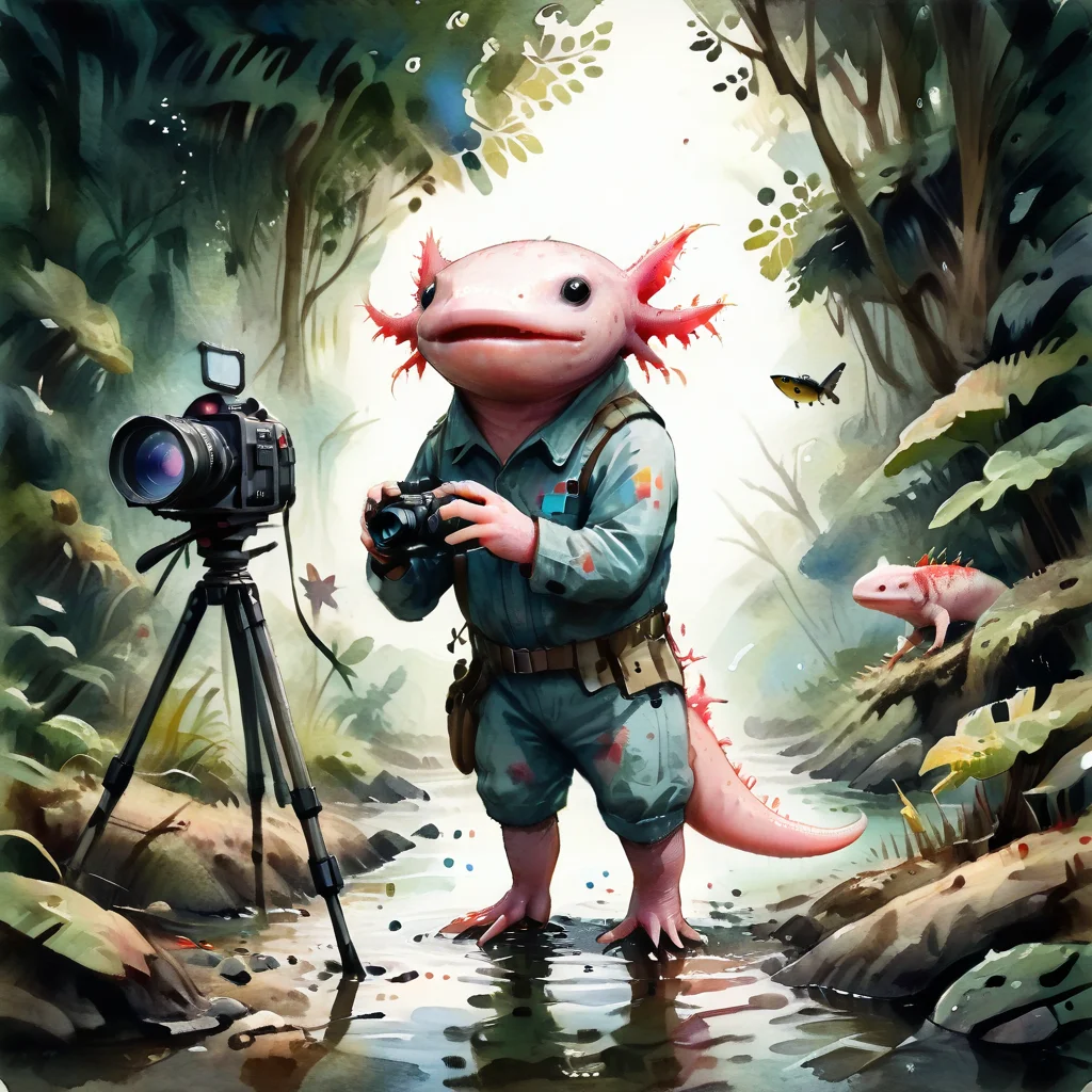 axomodelxl, axolotl as a wildlife photographer, capturing images of endangered species, jungle setting, (watercolor style)