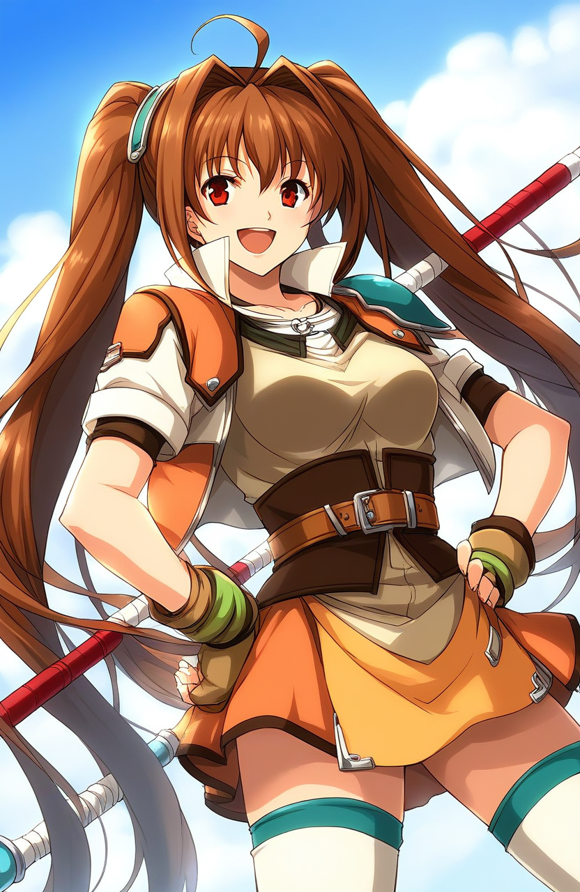 score_9, score_8_up, score_7_up, source_anime, rating_explicit, BREAK  <lora:Estelle_Bright_XL:1> Estelle_Bright, brown hair, very long hair, twintails, ahoge, red eyes, hair intakes, medium breasts,
1girl, solo, thighhighs, staff, skirt, orange skirt, gloves, fingerless gloves, weapon, smile, belt, zettai ryouiki, miniskirt, hand on hip, open mouth, shirt, armor, jacket, jewelry, cropped jacket, bracelet, 
day, sky,
smile,
looking at viewer, 
cowboy_Shot,