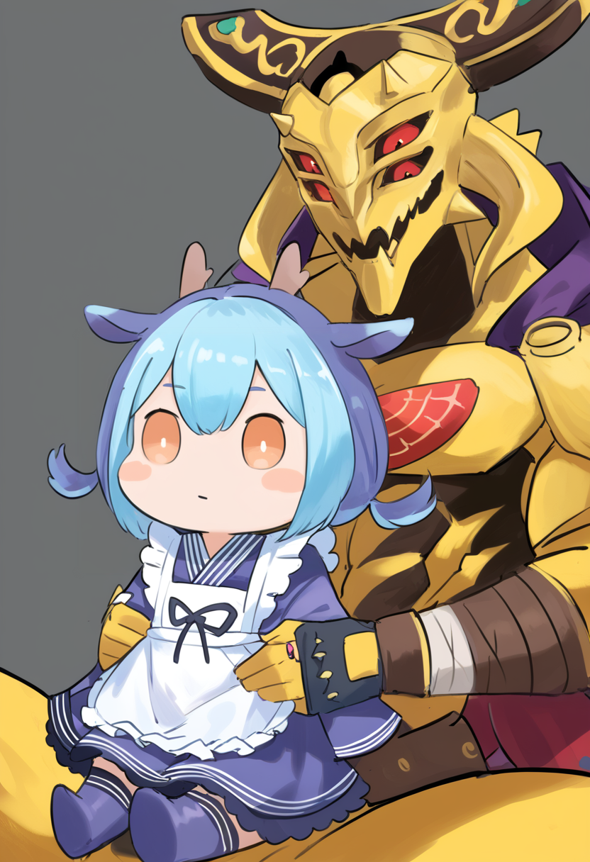 (score_9:0.9),score_8_up,score_7_up,rating_explicit,realistic,(zPDXL),<lora:eldlich the golden lord ponyXL v3:0.83>,eldlich the golden lord,fingerless gloves,blue maid outfit,laundry dragonmaid,1girl,blush stickers,chibi,shoulder carry,1boy,sitting on shoulder,