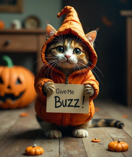 a beautiful frajola cat, trick-or-treating breaking the jugs of the house, broke the tv, tore the carpet, knocked down the computer, asking with that cute and irresistible look, with a sign showing to the public, : give me buzz to fix this!,