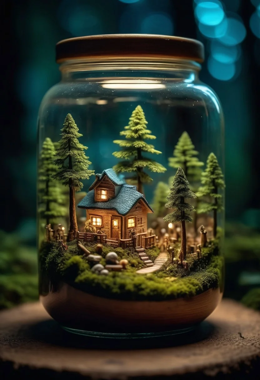small wood forest world, inside a beautiful jar, illuminated miniature forest, depth of field, hyperdetailed photography, shot at night, 8K, award winning photo, amazing wallpaper, detailxl