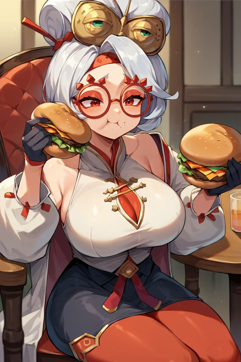 score_9, score_8_up, source_anime, 1girl, solo <lora:purah-pdxl-nvwls-v1-000005:1> purah, hair ornament, red headband, red glasses, sleeveless shirt, white coat, black skirt, red leggings, gloves, (large breasts:0.8), sitting, table, chair, (eating a huge hamburger:1.25), happy