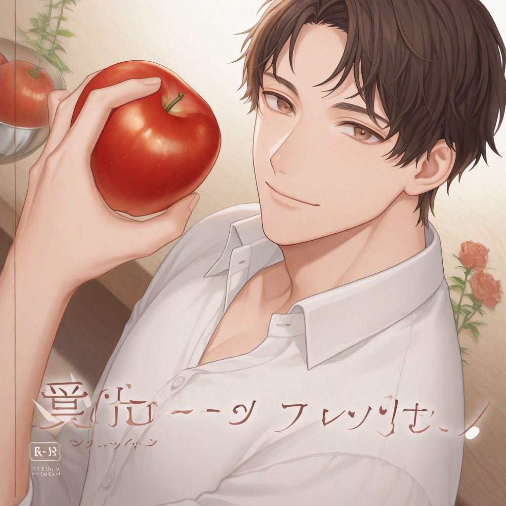 Aaotom, solo, looking at viewer, smile, brown hair, shirt, black hair, 1boy, holding, brown eyes, white shirt, upper body, flower, male focus, food, collared shirt, fruit, cover, holding food, cover page, bowl, apple, tomato, detailed cover