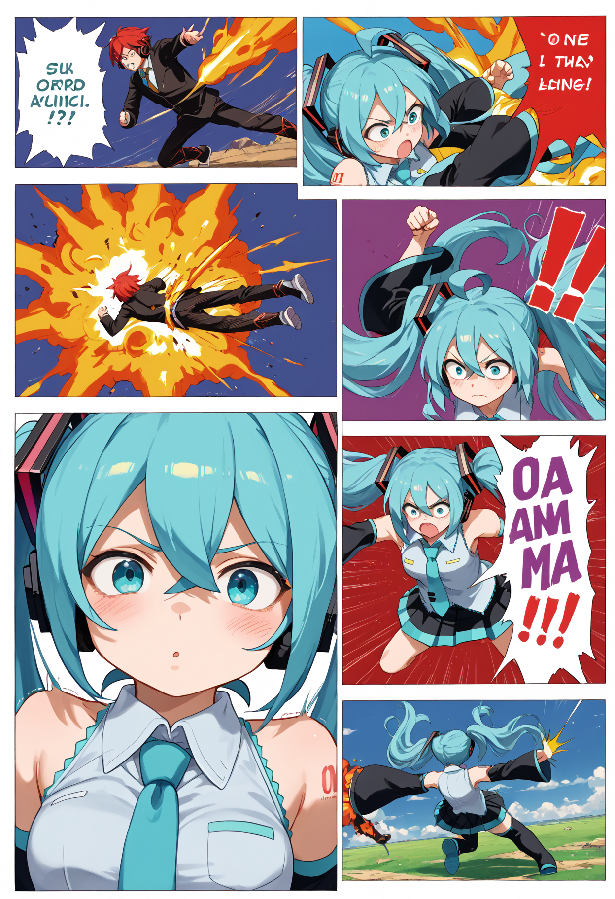 score_9, score_8_up, score_7_up, score_6_up, score_5_up, score_4_up, anime source, 
 <lora:DBBattle_Pony_V2:1>DBBattle, (duel:1.25), (comic:1.25), battle, emphasis lines, speed lines, motion lines, !?, !!, style parody, 
Frame, Text, English Text, speech bubble, trembling, focus line, vibrating line, comic expression, Sound effect, 
1 girl,  girl forcas, 2+ boys, Monster Boy, Creature Boy, Mutant Boy, 
 fighting stance, aura, flying, 
injury, torn clothes, 
cloud, cloudy sky, day, 
((explosion)), 
mikuhatsune, <lora:miku-hatsune-ponyxl-lora-nochekaiser:0.5>,
miku hatsune, ahoge, aqua eyes, aqua hair, crossed bangs, hair between eyes, hair ornament, headphones, long hair, twintails, mature female,
aqua necktie, black footwear, black skirt, black sleeves, boots, collared shirt, detached sleeves, grey shirt, necktie, pleated skirt, shirt, skirt, sleeveless, sleeveless shirt, thigh boots, tie clip,