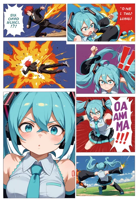 score_9, score_8_up, score_7_up, score_6_up, score_5_up, score_4_up, anime source,
<lora:DBBattle_Pony_V2:1>DBBattle, (duel:1.25), (comic:1.25), battle, emphasis lines, speed lines, motion lines, !?, !!, style parody,
Frame, Text, English Text, speech bubble, trembling, focus line, vibrating line, comic expression, Sound effect,
1 girl, girl forcas, 2+ boys, Monster Boy, Creature Boy, Mutant Boy,
fighting stance, aura, flying,
injury, torn clothes,
cloud, cloudy sky, day,
((explosion)),
mikuhatsune, <lora:miku-hatsune-ponyxl-lora-nochekaiser:0.5>,
miku hatsune, ahoge, aqua eyes, aqua hair, crossed bangs, hair between eyes, hair ornament, headphones, long hair, twintails, mature female,
aqua necktie, black footwear, black skirt, black sleeves, boots, collared shirt, detached sleeves, grey shirt, necktie, pleated skirt, shirt, skirt, sleeveless, sleeveless shirt, thigh boots, tie clip,