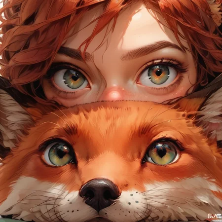 [~~~~ Note: Civitai does not show loras used in a ComfyUI workflow, and there is no way to manually add them. ~~~~] score_9, score_8_up, score_7_up, score_6_up, score_5_up, score_4_up,  animalclose-up, girl, solo, red fox,  boy has red hair and green eyes, fox has brown eyes, mouth covered,