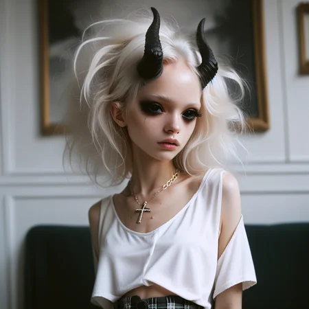 score_9_up, score_8_up, score_7_up, (masterpiece), (best quality), (ultra-detailed), (very aesthetic:1.2), intricate details, perfect composition, absurdres,
1girl, solo, <lora:bdemonpony011:1>, colored skin, pale skin, white skin, black hands, black feet, pitch black eyes, monster girl, skinny, anorexic, slim, horns, white hair,
chain necklace, cross necklace, bracelets, white shirt and plaid skirt,
indoors, dark black room, music decorations, 80's punk style, solo,