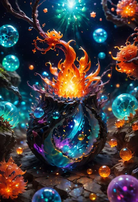 a tiny microverse inside an opal marble, tiny organisms, unexplored ecosystem, cute small critters, sparks, glowing balls of fire