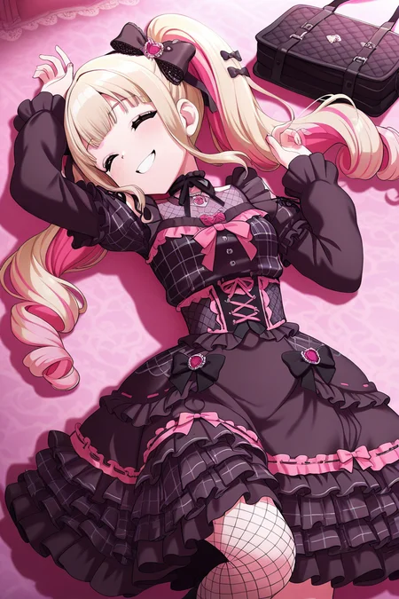 masterpiece, best quality, amazing quality,
<lora:Kurumi_IL:1> kurumi, 1girl, blonde hair, closed eyes, hair ornament, twintails, bag, smile, frills, multicolored hair, long hair, drill hair, fishnets, lolita_fashion, pink hair, lying, dress, solo