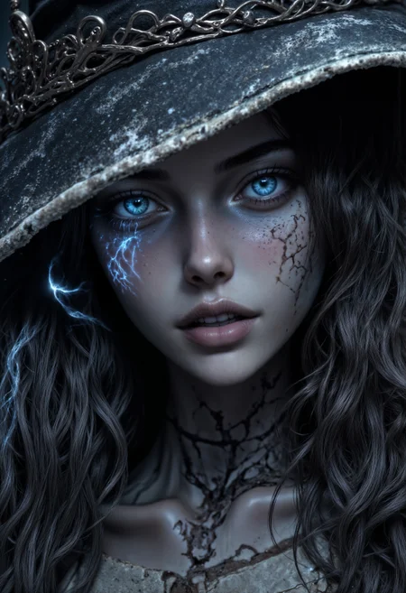 sexy, Dark Moody Atmosphere, Avant-garde, painting, sexy, erotic, best quality, masterpiece (Luis Royo style drawing), detailed face, face in sharp focus and intricate detail, extremely detailed, great lighting, BREAK, quality, intricate details, Mystical light, Fog., sexy, beautiful sorceress Ranni, cloaked, extra arms, large hat, casting thunder magic spells, magic circle, hkmagic, tomes in background, magic book, ritual, vials, potion, sultry, mesmerising expression, black magic fantasy crypt, pentagram drawn on the floor with magic runes, magical glow, dark and moody, upper body shot, shafts of light, High Definition HD, High Detail, Perfect Composition, <lora:FluxR4nni:1> <lora:FluxMythP0rtr4itStyle:0.7> <lora:aidmaHyperrealism:0.5> aidmaHyperrealism <lora:FantasyWizardWitchesFlux:0.6>