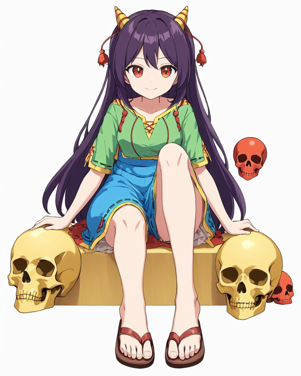 nippaku zanmu,1girl, solo, horns, sitting, smile, sandals, skull, white_background, simple_background, full_body
<lora:nippaku_zanmu_image235_2023-12-20:1>,star-shaped_pupils,symbol-shaped_pupils,. gorgeous,key visual, vibrant, studio anime,award-winning, professional, highly detailed,high budget, cinemascope