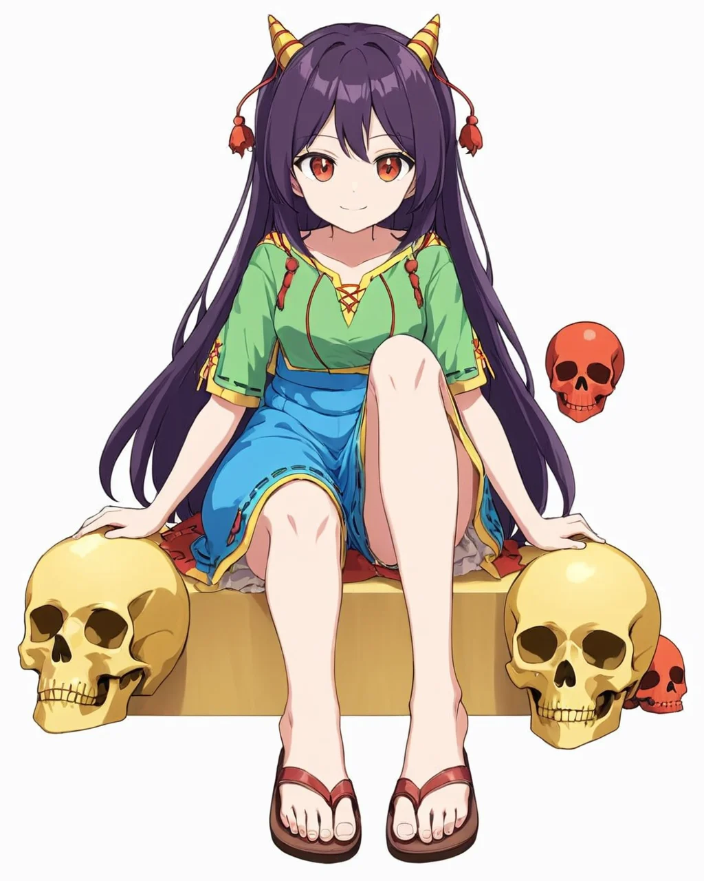 nippaku zanmu,1girl, solo, horns, sitting, smile, sandals, skull, white_background, simple_background, full_body
<lora:nippaku_zanmu_image235_2023-12-20:1>,star-shaped_pupils,symbol-shaped_pupils,. gorgeous,key visual, vibrant, studio anime,award-winning, professional, highly detailed,high budget, cinemascope