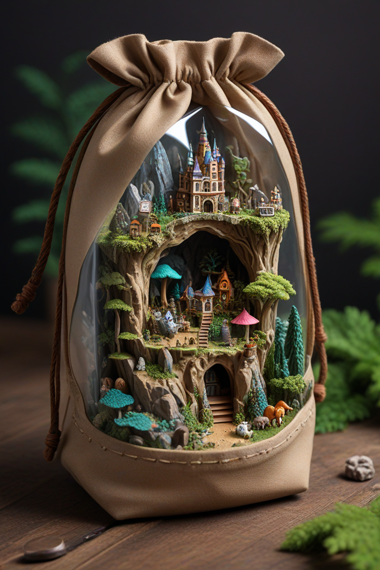 A vast, bottomless pouch carried by a towering giant, filled with an enchanting assortment of miniature landscapes and creatures, each one able to be explored and discovered at will.