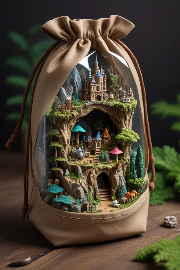 A vast, bottomless pouch carried by a towering giant, filled with an enchanting assortment of miniature landscapes and creatures, each one able to be explored and discovered at will.