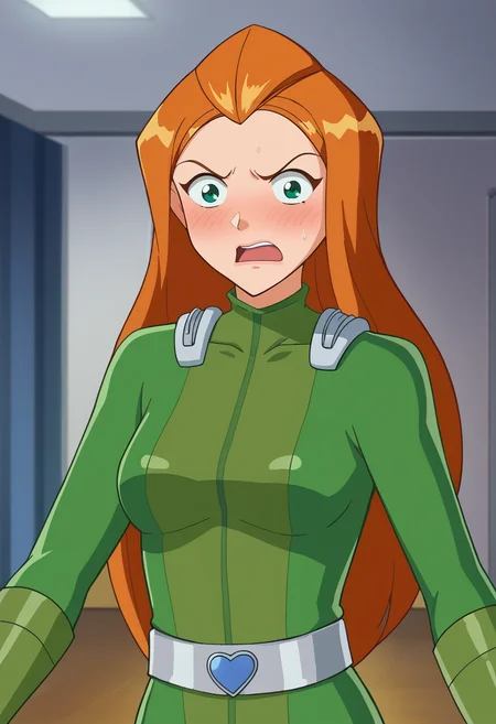 score_9, score_8_up, score_7_up, BREAK source_anime, 1girl, sam \(totally spies\), orange hair, long hair, green eyes, green bodysuit, belt, blush, embarrassed, looking at viewer, open mouth, living room, upper body <lora:brj-sam-ponyXL-v0.5:1>