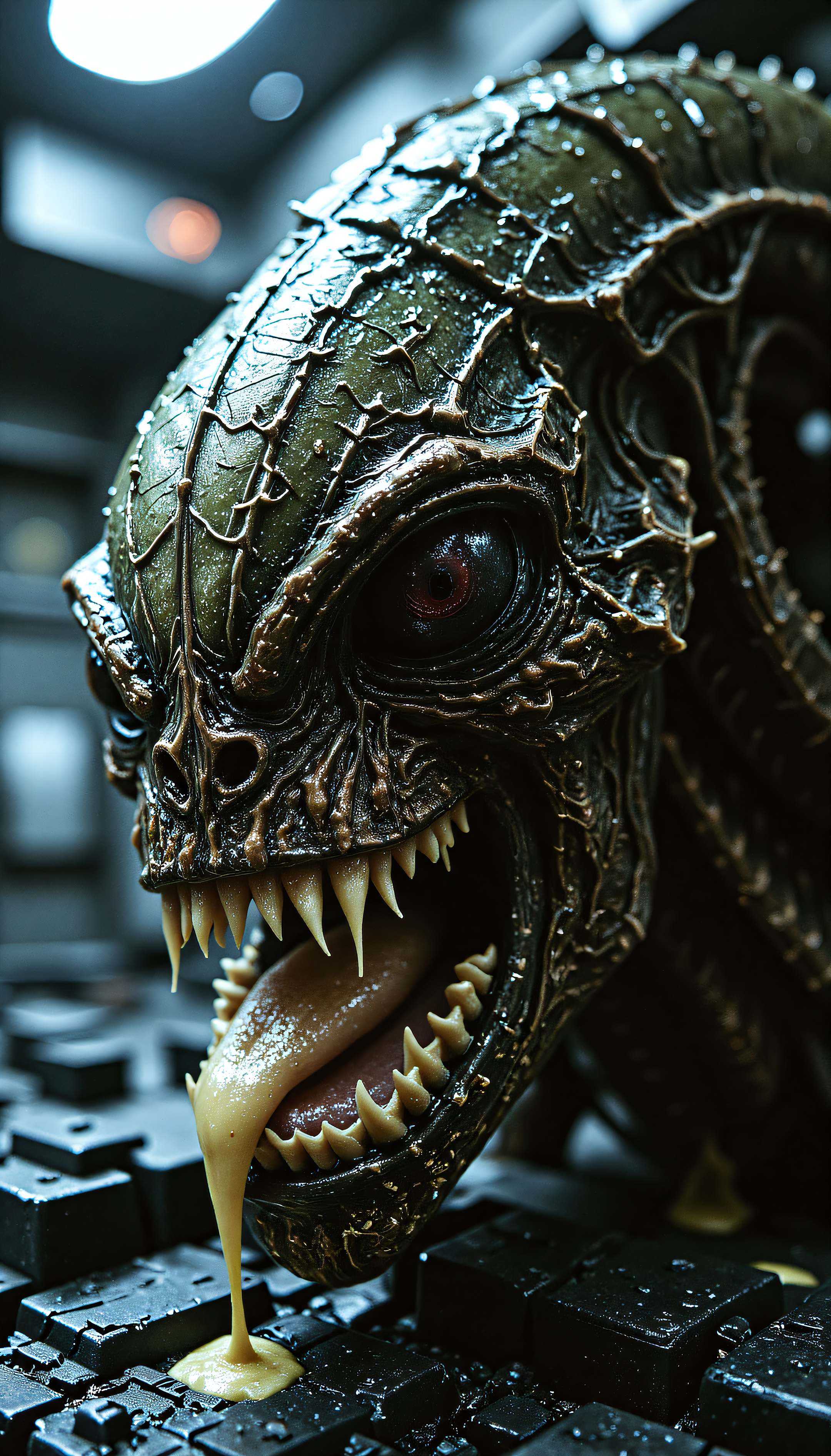 devast8, a cinematic close up of the head of a xenomorph with detailed skin texture, slimey skin, acidic drool, gaping maw, with lighting that highlights the details, the background is a spcaship interior