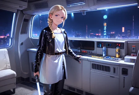 rV interior, recreational vehicle interior, anime coloring, score_9, score_8_up, score_7_up, score_6_up, 1girl , Vaylin, solo, solo focus, blonde, braid, blue eyes, indoors, standing, lightsaber, weapon, holding, single braid, white tunic, gold trim, black pants, zettai ryouiki, sleeves past fingers, solo, lips, night, denim, can, leather, bioluminescent, leather jacket, cyberpunk, city, vending machine, neon lights, general, smug,