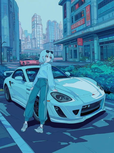 cogecha, (ideolo), (gomennasai:0.7), nslacka, ifeline \(a384079959\), halftone, 1girl, sunglasses, looking afar, wide-leg pants,   leaning on sports car, building exterior, parking spot, futuristic, plaza, bushes, high contrast, pale blue theme,, wide-angle distortion, dynamic pose,, masterpiece, scenery