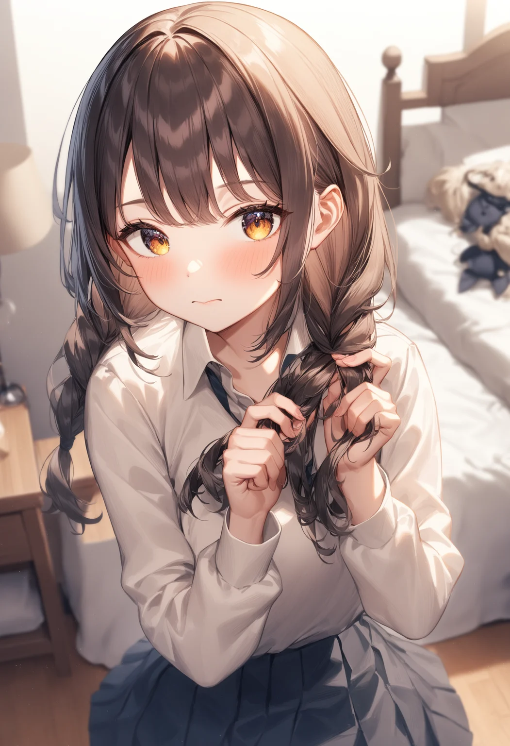 1girl, <lora:sdxl2-flat2-512b:-1>,medium breasts,school uniform,
<lora:braidinghair_XL_v1:0.8>braiding hair,twin braids, hairdressing, holding hair, tying hair, adjusting hair, hair over shoulder, hand in hair,
from behind, panorama shot, looking at viewer, doyagao, bedroom, closed mouth,
masterpiece, best quality, very aesthetic, absurdres