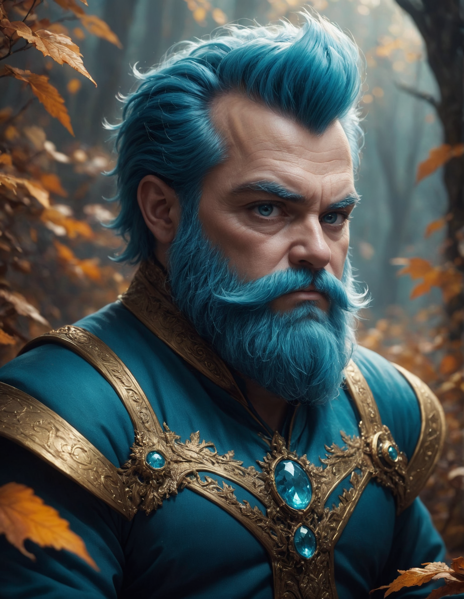 concept art f/1.4, square image, close up film photo, portrait of a Dwarf, cyan fauxhawk, gold eyes, faerie jewelry, elegant pose, atmospheric lighting, cinematic composition, detailed, autumn, mood, Mystery . digital artwork, illustrative, painterly, matte painting, highly detailed