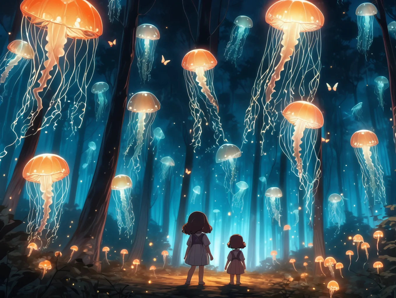 little girl butterfly net in a forest full of luminescent jellyfish trees, raw picture, natural light, night