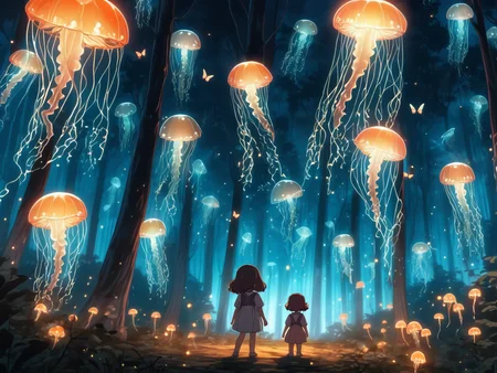 little girl butterfly net in a forest full of luminescent jellyfish trees, raw picture, natural light, night
