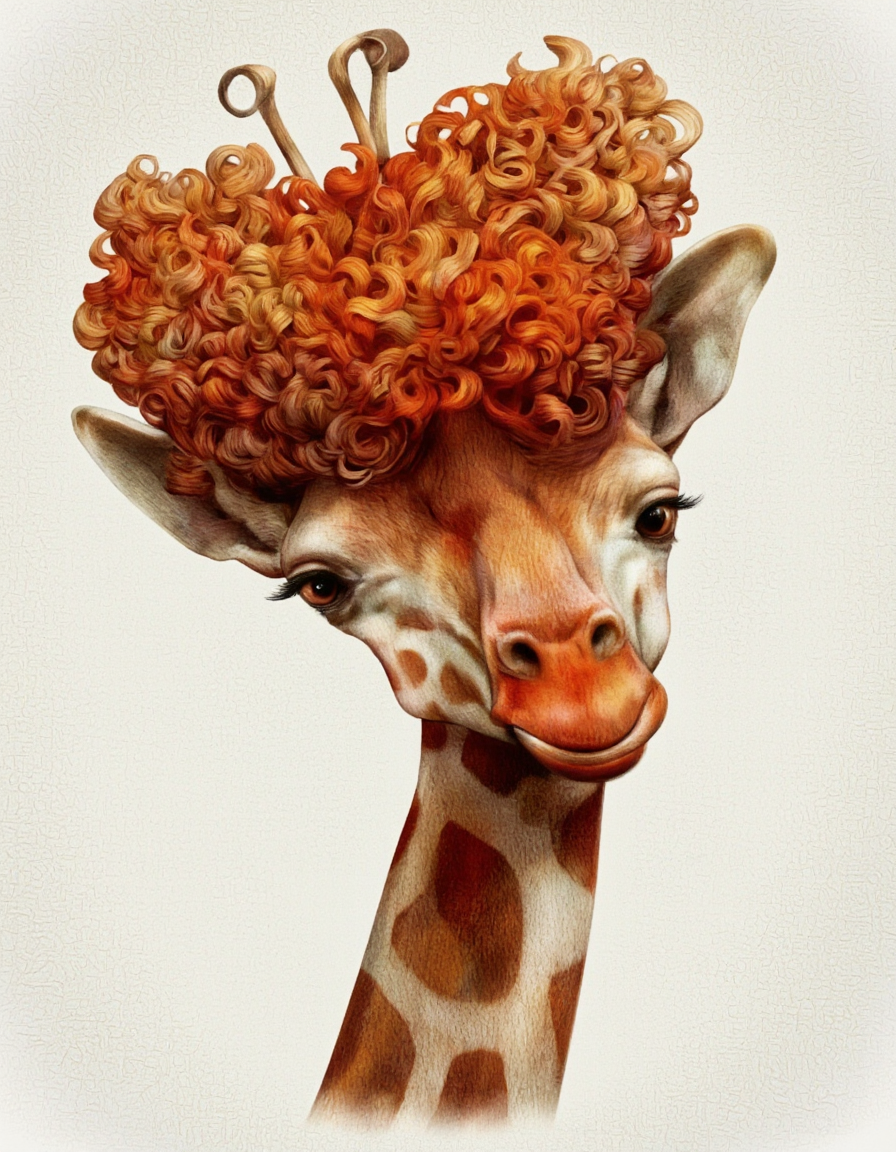 Art by Jean-Baptiste Vendamme. A digital illustration shoot from a close-up camera angle about a cartoon-style illustration of a giraffe with curly orange hair and a playful expression. the image also shows a square white background with a light, textured, floral pattern. on the middle of the image, a 20 years old, no human, 1giraffe, who appear to be looking at viewer, with a neutral expression, with brown eyes, curly brown hair, and a red, slightly parted mouth, wearing red lipstick. the animal is facing the viewer and looking directly at the viewer.