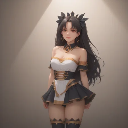 score_9, score_8_up, score_7_up, best quality, masterpiece, source_anime, zPDXL, zPDXL_xxx, BREAK
in  bed room,
solo, outdoor, 1girl, ishtar_\(fate\), ishtarmaid, ,thighhighs, long hair, skirt,  bare shoulders, black thighhighs, , two side up, brown eyes, detached collar,  dress, ribbon, strapless, black hair, breasts, frills,,<lora:ChaldeaMaidv1:0.9>, smile,  happy ,, <lora:add-detail-xl:1> <lora:detail_eyes:0.5>, shoulder peek, off-shoulder attire, revealing a hint of skin, adding an alluring touch