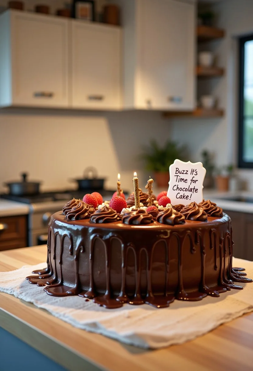 A huge birthday cute chocolate cake on a clean kitchen counter, a sign next to the cake it says "Buzz If It's Time For Chocolate Cake!", realistic, cinematic shot,