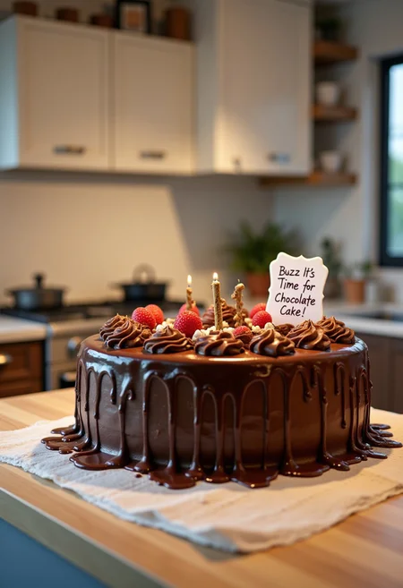 A huge birthday cute chocolate cake on a clean kitchen counter, a sign next to the cake it says "Buzz If It's Time For Chocolate Cake!", realistic, cinematic shot,